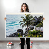 94669907-MGV-CV-36X24-Tropical Coastline Wall Art Canvas Print, Framed Palm Tree Art Picture Print, Rocky Beach Perfect Tropical Coastal Decor Artwork