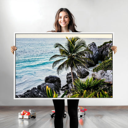 94669907-MGV-CV-36X24-Tropical Coastline Wall Art Canvas Print, Framed Palm Tree Art Picture Print, Rocky Beach Perfect Tropical Coastal Decor Artwork
