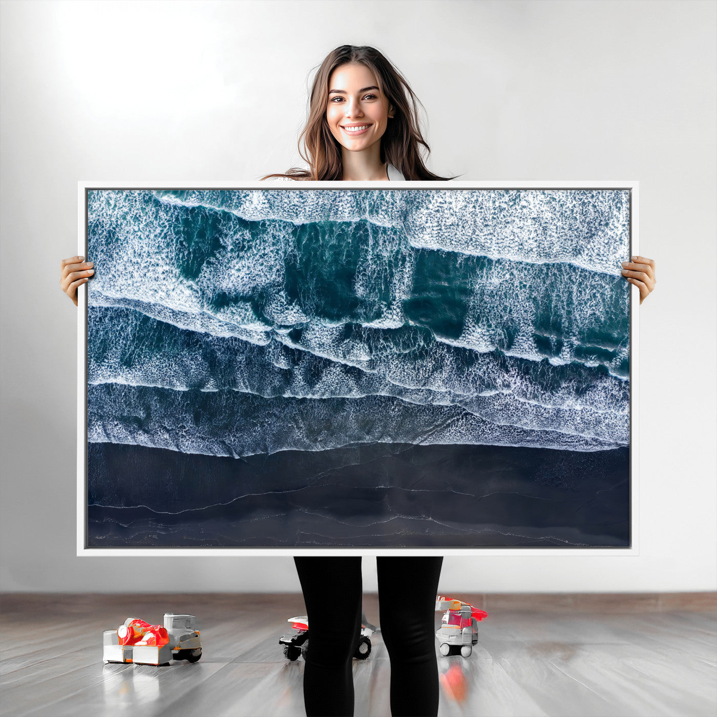 87941475-MGV-CV-36X24-Black Beach Wall Art Canvas Print, Framed Aerial Ocean Art Picture Print, Moody Coastal Perfect Modern Coastal Decor Artwork