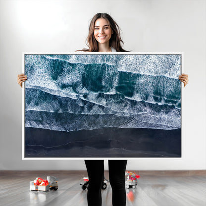 87941475-MGV-CV-36X24-Black Beach Wall Art Canvas Print, Framed Aerial Ocean Art Picture Print, Moody Coastal Perfect Modern Coastal Decor Artwork