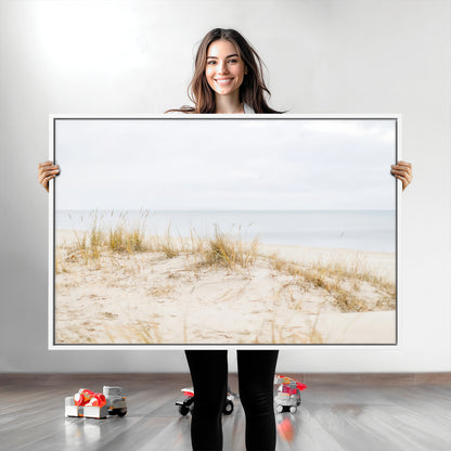 13146857-MGV-CV-36X24-Beach Dunes Wall Art Canvas Print, Framed Soft Horizon Art Picture Print, Coastal Grass Perfect Minimalist Coastal Decor Artwork