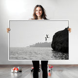 52284302-MGV-CV-36X24-Cliff Jumping Wall Art Canvas Print, Framed Ocean Adventure Art Picture Print, Black White Coast Perfect Modern Coastal Decor