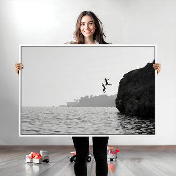 52284302-MGV-CV-36X24-Cliff Jumping Wall Art Canvas Print, Framed Ocean Adventure Art Picture Print, Black White Coast Perfect Modern Coastal Decor
