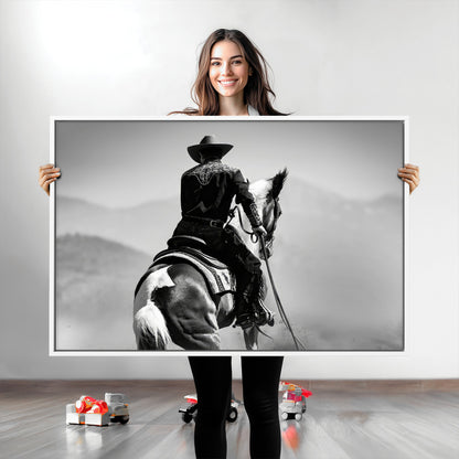 83102464-MGV-CV-36X24-Western Cowboy Wall Art Canvas Print, Framed Monochrome Horse Art Picture Print, Western Equestrian Perfect Rustic Western Decor