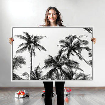46641801-MGV-CV-36X24-Palm Tree Wall Art Canvas Print, Framed Black White Tropics Art Picture Print, Monochrome Palms Perfect Modern Tropical Minimalist