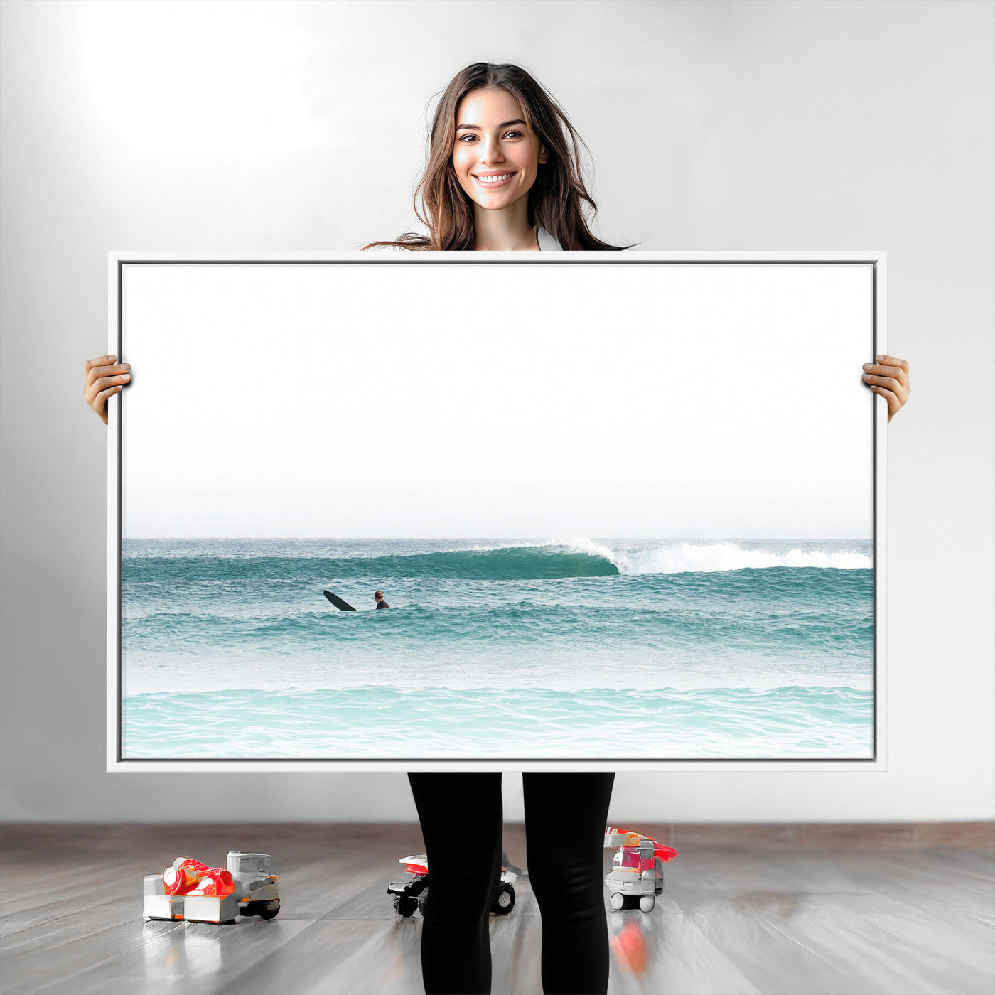 56345117-MGV-CV-36X24-Minimalist Surfing Wall Art Canvas Print, Framed Ocean Waves Art Picture Print, Soft Ocean Perfect Minimalist Coastal Decor