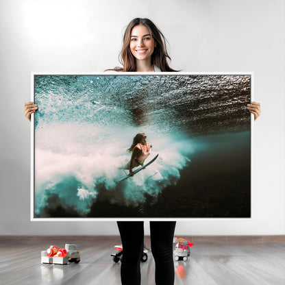 85923512-MGV-CV-36X24-Aquatic Motion Wall Art Canvas Print, Framed Underwater Swimming Art Picture Print, Female Surfer Diving Perfect Coastal Boho