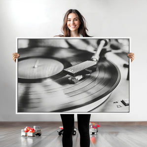 41253898-MGV-CV-36X24-Vinyl Record Wall Art Canvas Print, Framed Turntable Close Art Picture Print, Retro Vibes Perfect Vintage Industrial Decor Artwork