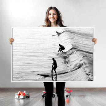 19875284-MGV-CV-36X24-Surfer Waves Wall Art Canvas Print, Framed Black White Surf Art Picture Print, Monochrome Ocean Perfect Modern Coastal Decor