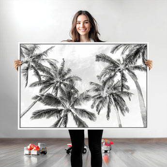 62113786-MGV-CV-36X24-Black White Palm Wall Art Canvas Print, Framed Monochrome Tropics Art Picture Print, Minimalist Beach Perfect Coastal Minimalist