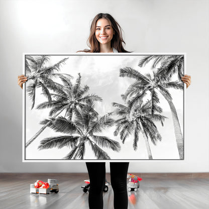 62113786-MGV-CV-36X24-Black White Palm Wall Art Canvas Print, Framed Monochrome Tropics Art Picture Print, Minimalist Beach Perfect Coastal Minimalist