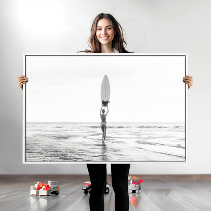 98446901-MGV-CV-36X24-Monochrome Surf Wall Art Canvas Print, Framed Minimalist Surfer Art Picture Print, Surfboard Silhouette Perfect Coastal Minimalist