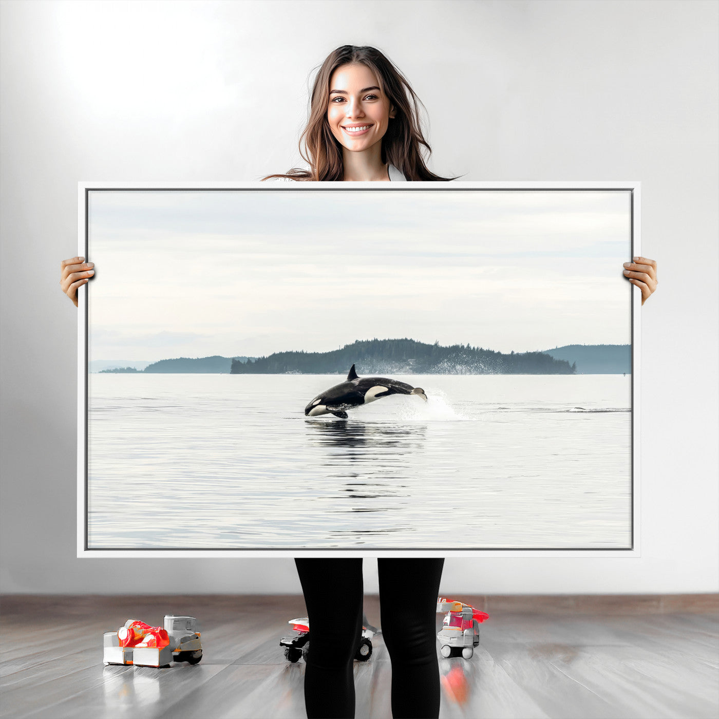 10157174-MGV-CV-36X24-Orca Whale Wall Art Canvas Print, Framed Black White Whale Art Picture Print, Minimalist Ocean Perfect Coastal Minimalist Decor