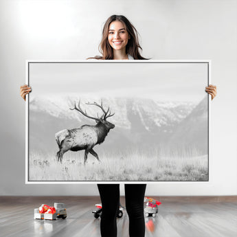 62278753-MGV-CV-36X24-Monochrome Elk Wall Art Canvas Print, Framed Mountain Wildlife Art Picture Print, Rustic Nature Perfect Rustic Minimalist Decor