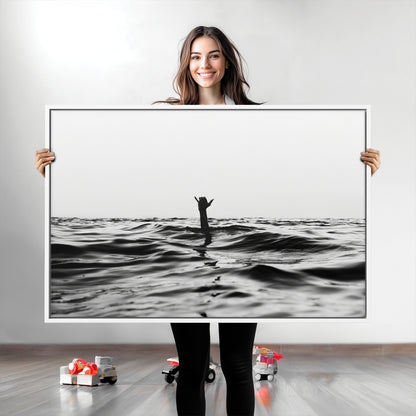69541918-MGV-CV-36X24-Black White Ocean Wall Art Canvas Print, Framed Moody Seascape Art Picture Print, Surfer Sign Perfect Moody Minimalist Decor