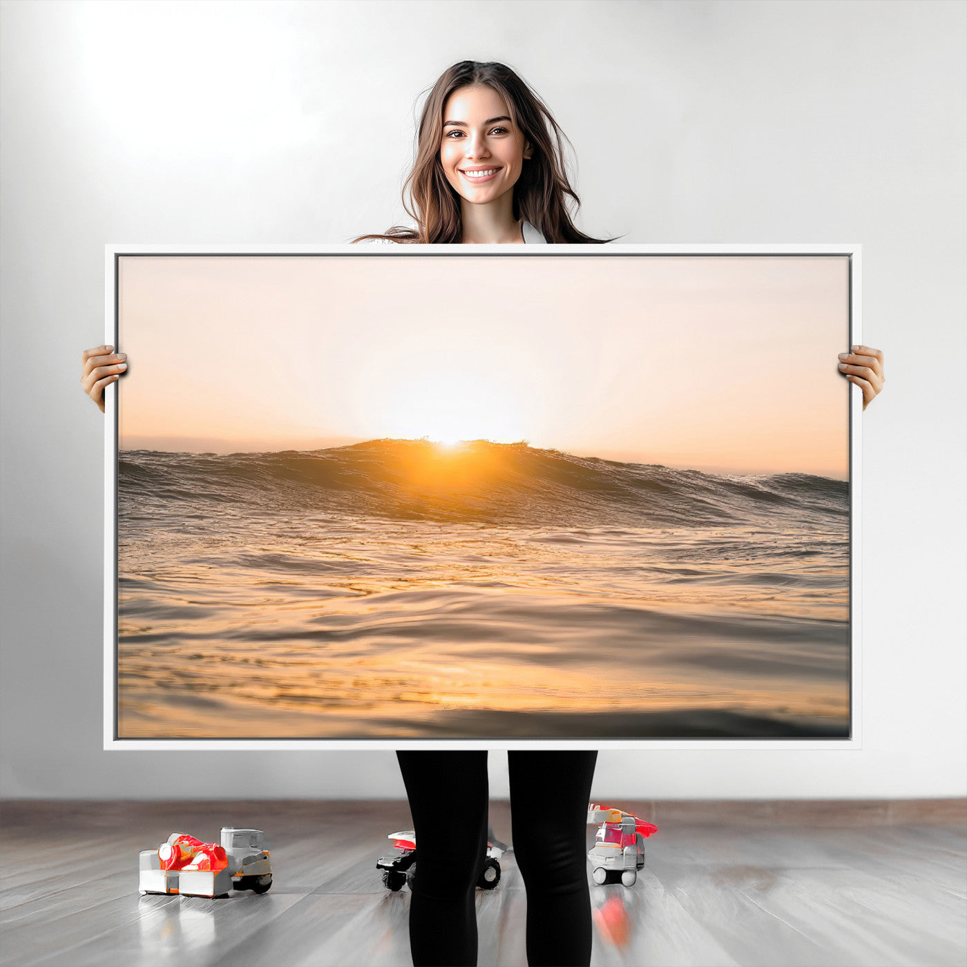 16973771-MGV-CV-36X24-Calm Water Wall Art Canvas Print, Framed Sunset Waves Art Picture Print, Coastal Warmth Perfect Warm Minimalist Decor Artwork