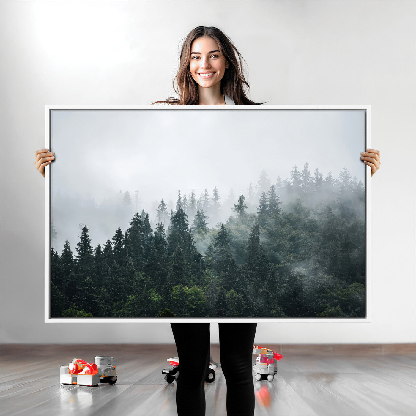 84146572-MGV-CV-36X24-Foggy Pine Trees Wall Art Canvas Print, Framed Forest Nature Art Picture Print, Evergreen Forest Perfect Scandinavian Minimalist