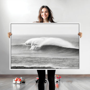 42544082-MGV-CV-36X24-Monochrome Seascape Wall Art Canvas Print, Framed Surf Wave Art Picture Print, Minimalist Ocean Perfect Moody Coastal Decor