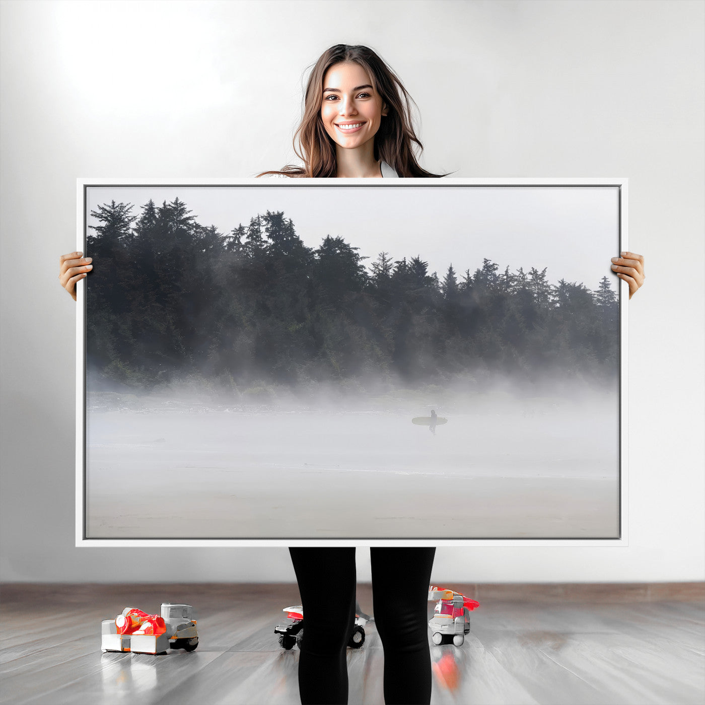 59703275-MGV-CV-36X24-Surfer in Fog Wall Art Canvas Print, Framed Foggy Beach Art Picture Print, Coastal Surf Perfect Moody Coastal Decor Artwork