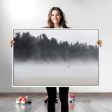 59703275-MGV-CV-36X24-Surfer in Fog Wall Art Canvas Print, Framed Foggy Beach Art Picture Print, Coastal Surf Perfect Moody Coastal Decor Artwork