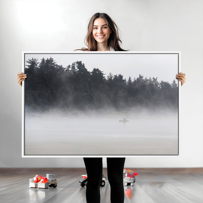 59703275-MGV-CV-36X24-Surfer in Fog Wall Art Canvas Print, Framed Foggy Beach Art Picture Print, Coastal Surf Perfect Moody Coastal Decor Artwork