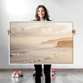 57669769-MGV-CV-36X24-Misty Coastal Wall Art Canvas Print, Framed Golden Sunset Art Picture Print, Serene Shoreline Perfect Tranquil Coastal Decor