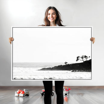 40875891-MGV-CV-36X24-SurferCliffs Wall Art Canvas Print, Framed Black White Beach Art Picture Print, Ocean Waves Perfect Minimalist Coastal Decor