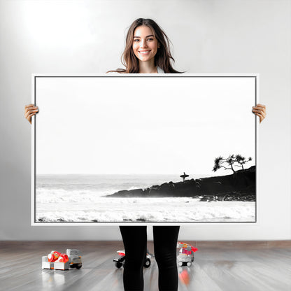 40875891-MGV-CV-36X24-SurferCliffs Wall Art Canvas Print, Framed Black White Beach Art Picture Print, Ocean Waves Perfect Minimalist Coastal Decor