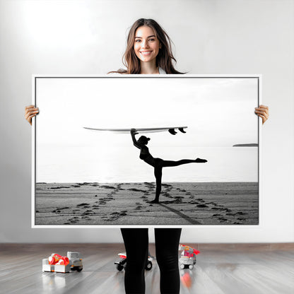 28441356-MGV-CV-36X24-Yoga Surf Wall Art Canvas Print, Framed Black White Shore Art Picture Print, Peaceful Ocean Perfect Minimalist Coastal Decor