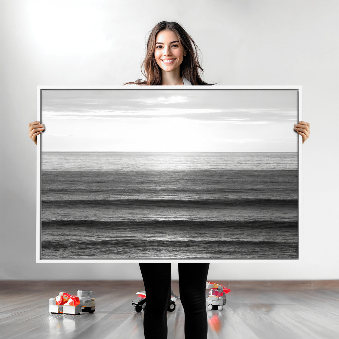 47305203-MGV-CV-36X24-Monochrome Ocean Wall Art Canvas Print, Framed Moody Ocean Art Picture Print, Calm Ocean Perfect Minimalist Coastal Decor Artwork