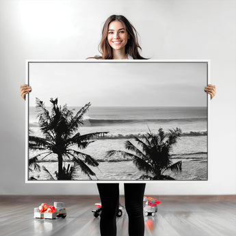 17508038-MGV-CV-36X24-Tropical Coastline Wall Art Canvas Print, Framed Palm Trees Art Picture Print, Ocean Waves Perfect Minimalist Coastal Decor