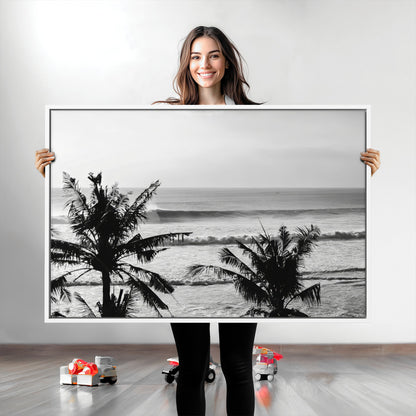 17508038-MGV-CV-36X24-Tropical Coastline Wall Art Canvas Print, Framed Palm Trees Art Picture Print, Ocean Waves Perfect Minimalist Coastal Decor
