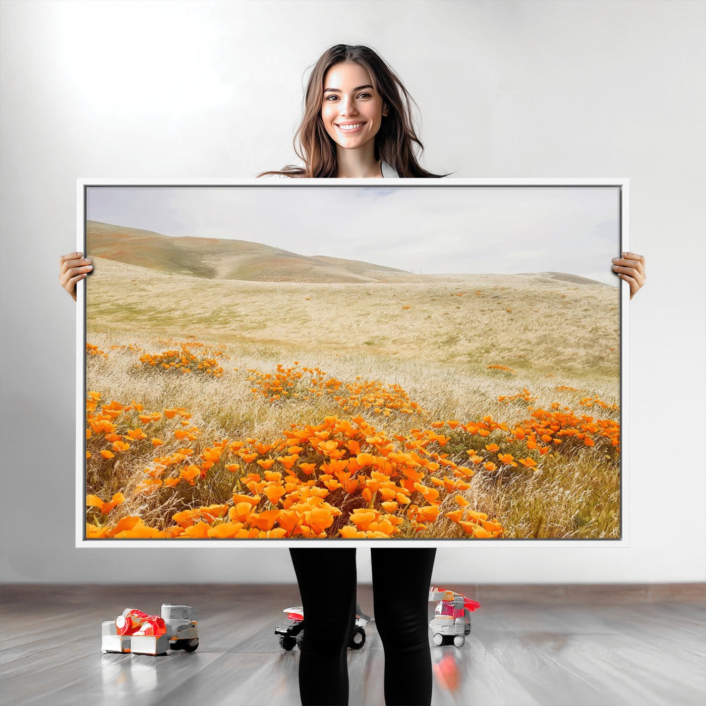 28972262-MGV-CV-36X24-Golden Wildflowers Wall Art Canvas Print, Framed Hills Bloom Art Picture Print, Poppy Meadow Perfect Rustic Nature Decor Artwork