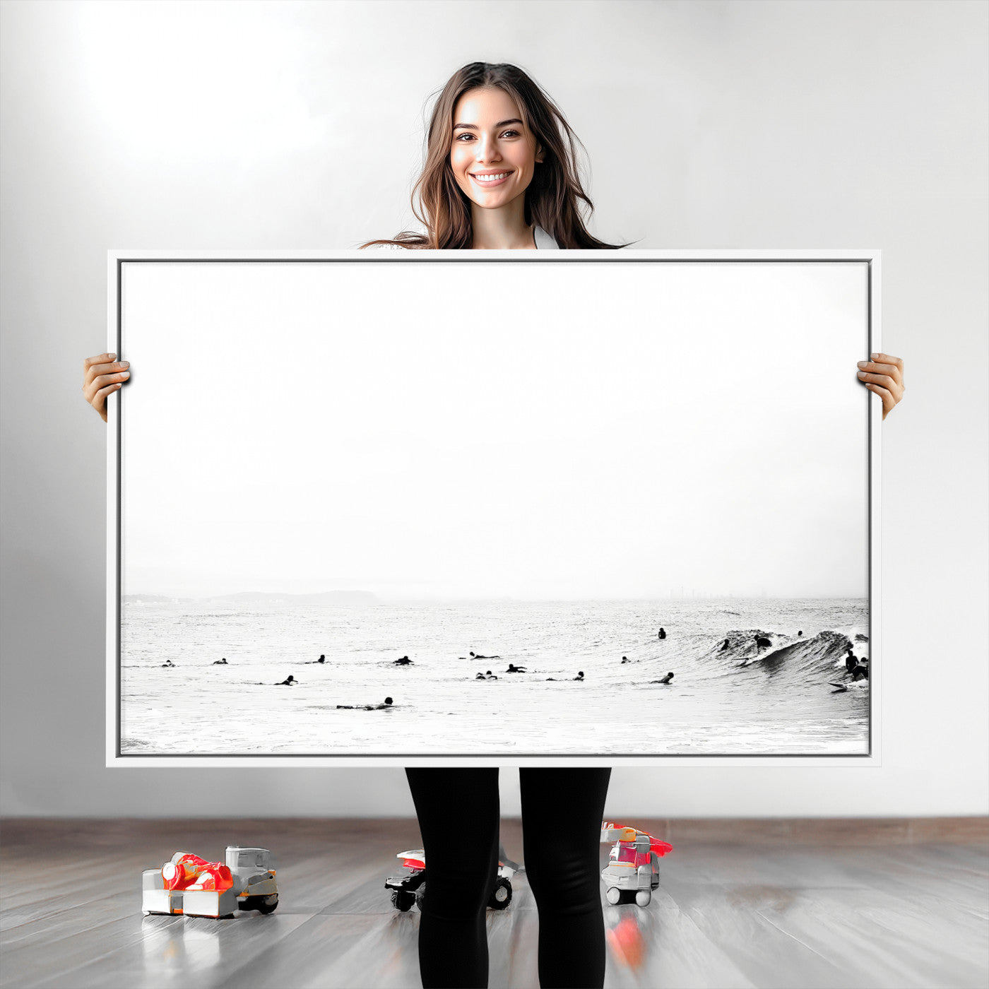 38441169-MGV-CV-36X24-Monochrome Swimming Wall Art Canvas Print, Framed Ocean Horizon Art Picture Print, Moody Coastal Perfect Minimalist Coastal Decor