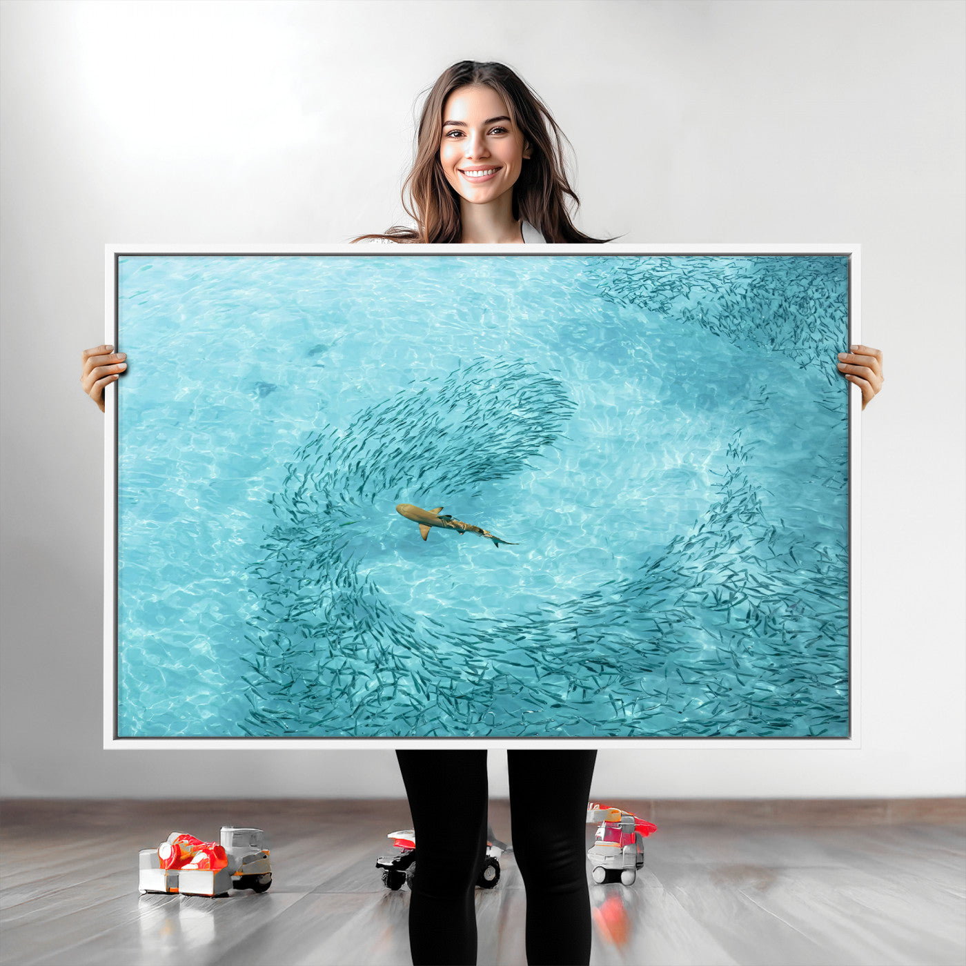 43671474-MGV-CV-36X24-Fish Swarm Wall Art Canvas Print, Framed Marine Life Art Picture Print, Shark Aerial Perfect Wildlife Coastal Decor Artwork