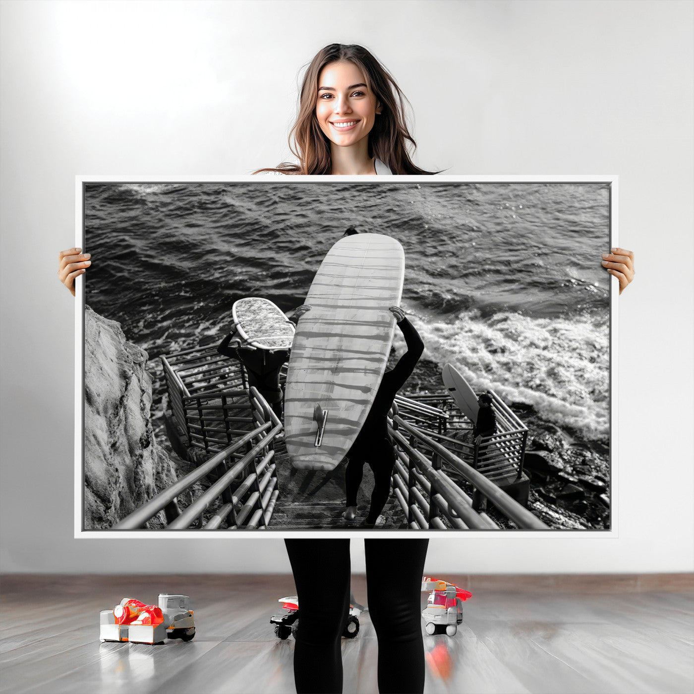 32353707-MGV-CV-36X24-Black White Surfing Wall Art Canvas Print, Framed Coastal Surfing Art Picture Print, Wave Riders Perfect Coastal Adventure Decor