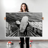 32353707-MGV-CV-36X24-Black White Surfing Wall Art Canvas Print, Framed Coastal Surfing Art Picture Print, Wave Riders Perfect Coastal Adventure Decor