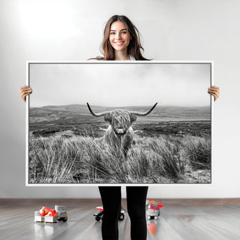 24051061-MGV-CV-36X24-Monochrome Highland Cow Wall Art Canvas Print, Framed Scottish Bull Art Picture Print, Lone Cattle Perfect Rustic Farmhouse Decor