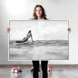 69798068-MGV-CV-36X24-Black White Surfing Wall Art Canvas Print, Framed Ocean Horizon Art Picture Print, Surfer Girl Perfect Coastal Adventure Decor