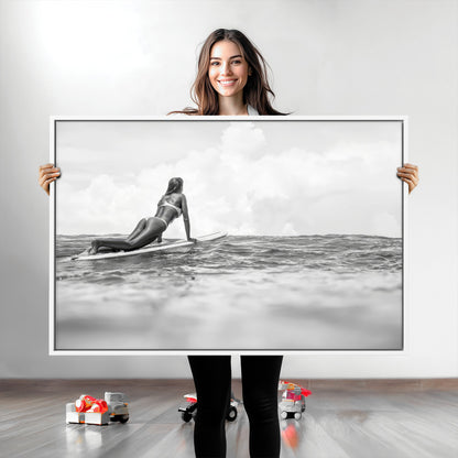 69798068-MGV-CV-36X24-Black White Surfing Wall Art Canvas Print, Framed Ocean Horizon Art Picture Print, Surfer Girl Perfect Coastal Adventure Decor