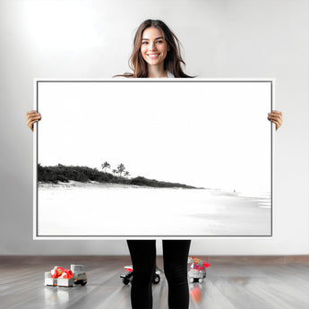 29611516-MGV-CV-36X24-Black White Beach Wall Art Canvas Print, Framed Palm Trees Art Picture Print, Monochrome Tropical Perfect Minimalist Coastal Decor