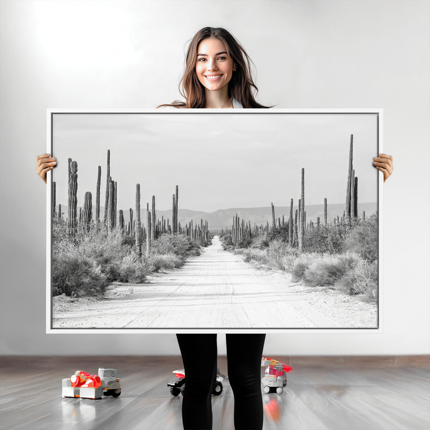 35537313-MGV-CV-36X24-Monochrome Desert Wall Art Canvas Print, Framed Cactus Path Art Picture Print, Southwestern Landscape Perfect Southwestern