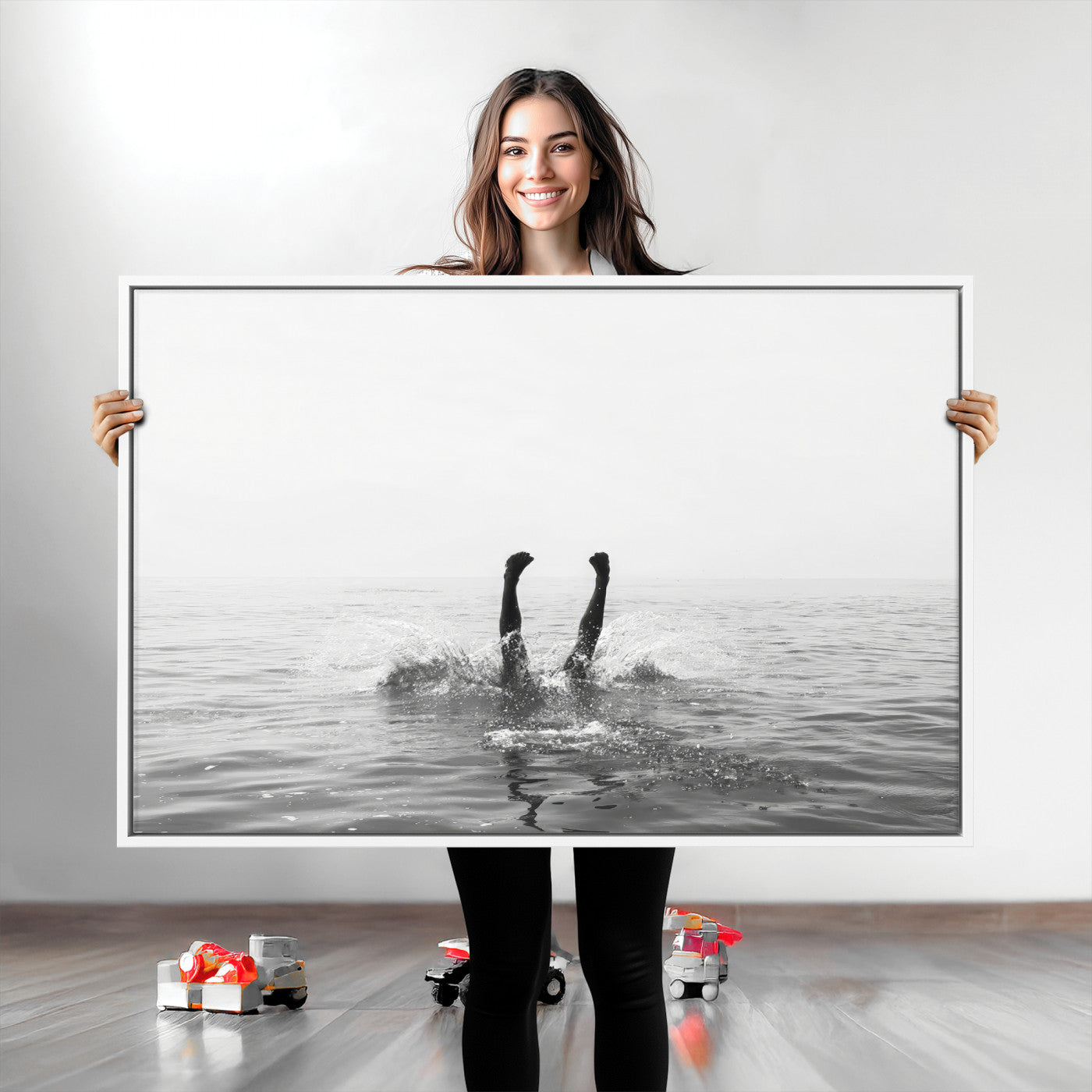 26667396-MGV-CV-36X24-Black White Ocean Wall Art Canvas Print, Framed Monochrome Water Art Picture Print, Diving into Water Perfect Minimalist Aquatic