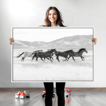 69934913-MGV-CV-36X24-Wild Horses Running Wall Art Canvas Print, Framed Black White Mustangs Art Picture Print, Rustic Western Perfect Rustic Western