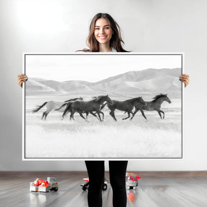 69934913-MGV-CV-36X24-Wild Horses Running Wall Art Canvas Print, Framed Black White Mustangs Art Picture Print, Rustic Western Perfect Rustic Western