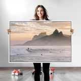 70644906-MGV-CV-36X24-Sunset Surfing Wall Art Canvas Print, Framed Misty Mountains Art Picture Print, Surfer Riding Wave Perfect Coastal Adventure Decor