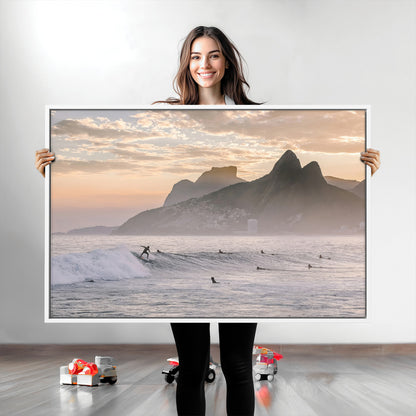 70644906-MGV-CV-36X24-Sunset Surfing Wall Art Canvas Print, Framed Misty Mountains Art Picture Print, Surfer Riding Wave Perfect Coastal Adventure Decor