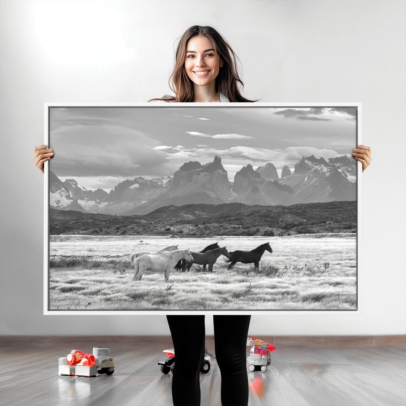 21655040-MGV-CV-36X24-Wild Horses Wall Art Canvas Print, Framed Black White Mountains Art Picture Print, Rustic Countryside Perfect Rustic Western Decor