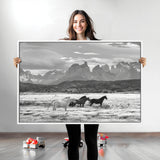 21655040-MGV-CV-36X24-Wild Horses Wall Art Canvas Print, Framed Black White Mountains Art Picture Print, Rustic Countryside Perfect Rustic Western Decor