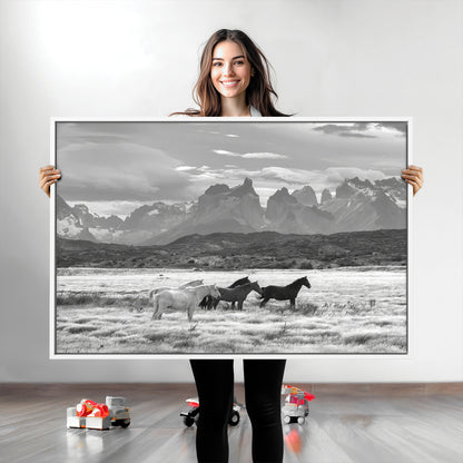 21655040-MGV-CV-36X24-Wild Horses Wall Art Canvas Print, Framed Black White Mountains Art Picture Print, Rustic Countryside Perfect Rustic Western Decor
